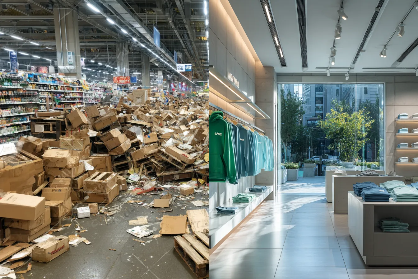 Split screen messy store vs organized shop