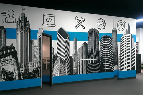 Chicago skyline with SEO icons overlay
