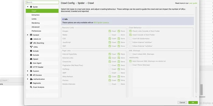 Screenshot of Screaming Frog configuration settings optimized for Shopify crawling