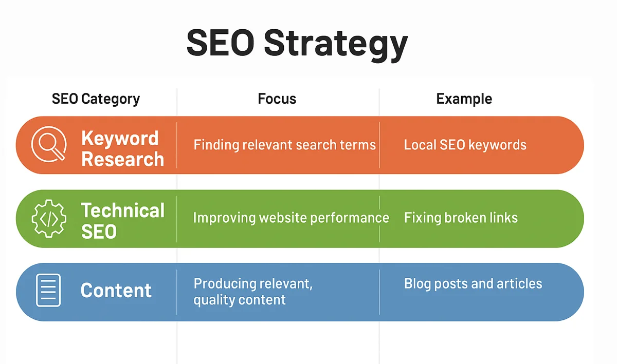 SEO strategy infographic showing keyword research, technical SEO, and content