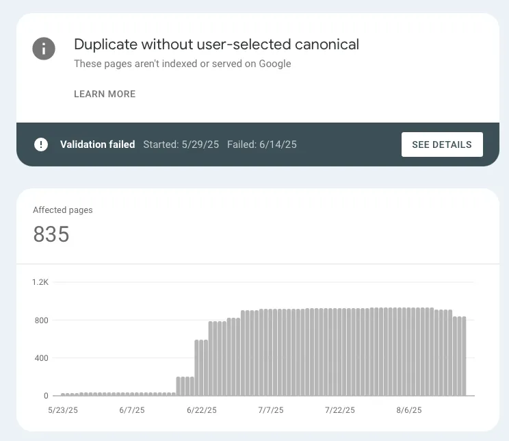 Screenshot of Google Search Console Coverage report showing error categories and trends