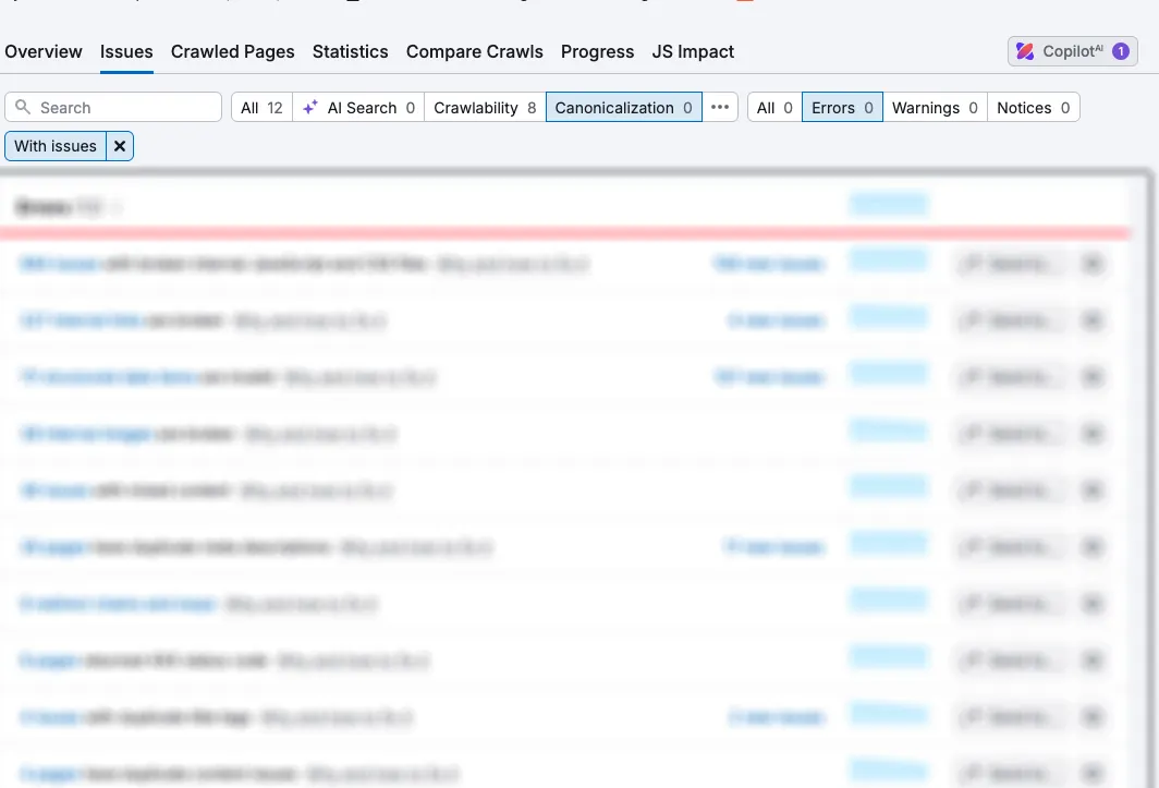 SEMrush Site Audit interface showing canonical chain issues specific to Shopify