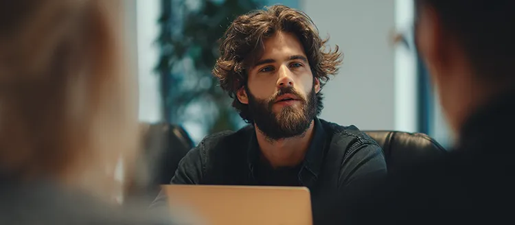 A person working diligently at a desk in a modern office.