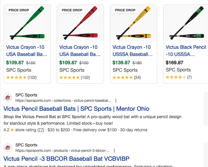 Google search results showing enhanced product listings with star ratings, prices, and availability